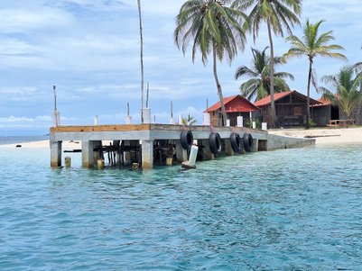 Ein Holzsteg ragt ins klare Wasser, umgeben von Palmen und einem ruhigen Strand, ideal für Entspannung und Erholung.