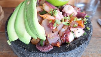 Ein Steinmörser gefüllt mit frischem Meeresfrüchte-Salat, garniert mit Avocadoscheiben und Limette, umgeben von Pflanzen.