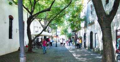 Eine belebte Straße in Santo Domingo, gesäumt von Bäumen, mit Menschen, die entspannt spazieren gehen und sich unterhalten.