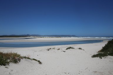 Ein weitläufiger Strand mit feinem, hellem Sand und sanften Wellen, die an das Ufer plätschern, unter einem strahlend blauen Himmel.