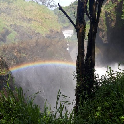 Ein Regenbogen schimmert über den tosenden Wasserfall, umgeben von üppigem Grün und steilen Felsen.