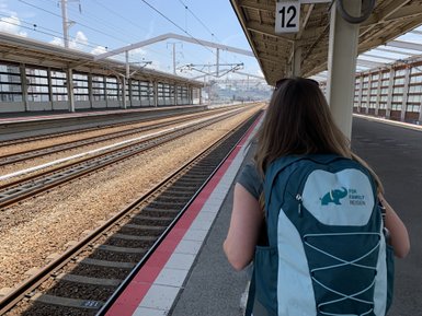 Eine Person mit einem Rucksack steht an einem modernen Bahnhof und schaut auf die Gleise, die in die Ferne führen.