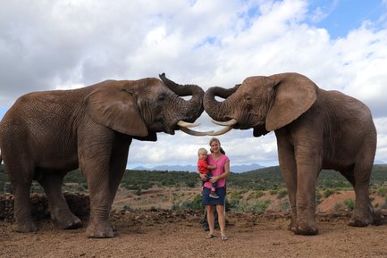Mutter und Kind stehen lächelnd neben einem Elefanten in der Buffelsdrift Game Lodge – Garden Route mit Kindern