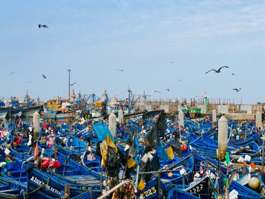 Holzboote dicht aneinandergereiht im Hafen von Essaouira – Marokko Reise mit Kindern