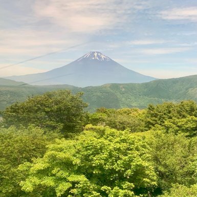 Der majestätische Mount Fuji erhebt sich über eine üppige grüne Landschaft unter einem klaren blauen Himmel.