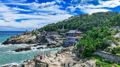 Ein malerischer Blick auf den Haedong Yonggungsa Tempel, umgeben von üppigem Grün und dem glitzernden Meer.