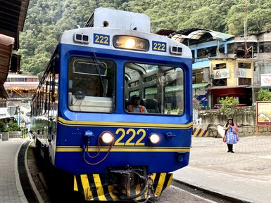 Ein blauer Zug mit der Nummer 222 steht an einem Bahnhof, umgeben von üppigen grünen Bergen und einem kleinen Dorf.