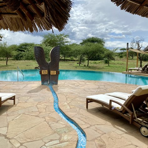 Ein einladender Pool mit einer kunstvollen Skulptur im Hintergrund, umgeben von üppiger, grüner Landschaft und einem bewölkten Himmel.