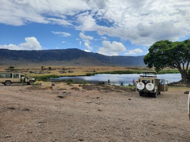 Safari-Jeep-Gruppen halten am Wasserloch zur Tierbeobachtung – Tansania Familienreise