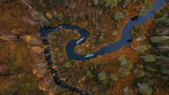 Eine Luftaufnahme von einem Fluss von oben, der sich durch die Landschaft schlängelt