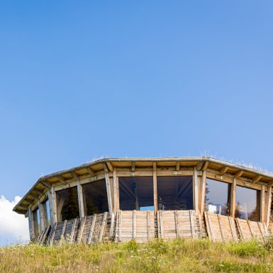 Ein modernes, rundes Holzgebäude mit großen Fenstern steht auf einer Wiese unter einem strahlend blauen Himmel.