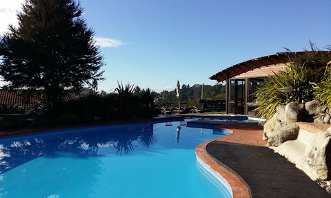Ein glitzernder Pool umgeben von üppigem Grün und einem klaren blauen Himmel, ideal für Entspannung und Erholung.