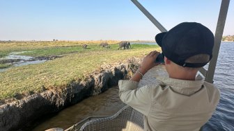 Ein Junge fotografiert Elefanten, die am Ufer des Chobe-Flusses grasen, während er auf einem Boot sitzt.
