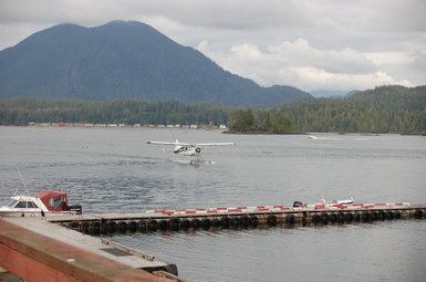 Ein Wasserflugzeug landet sanft auf dem ruhigen Wasser, umgeben von majestätischen Bergen und üppigen Wäldern.