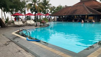 Ein einladender Poolbereich mit blauen Wasser, umgeben von Palmen und Liegen unter roten Sonnenschirmen.