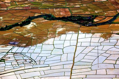Eine atemberaubende Landschaft mit terrassierten Reisfeldern, die in verschiedenen Grüntönen schimmern und von Wasser durchzogen sind.