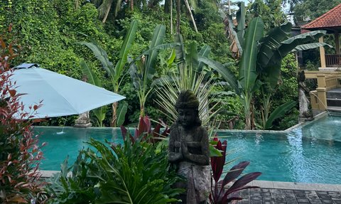 Ein ruhiger Poolbereich umgeben von üppigem Grün und Palmen, mit einer Statue, die eine friedliche Atmosphäre ausstrahlt.