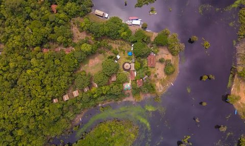 Ein Blick aus der Vogelperspektive auf das grüne Amazonasgebiet mit einem kleinen Lodge-Resort in der Mitte.