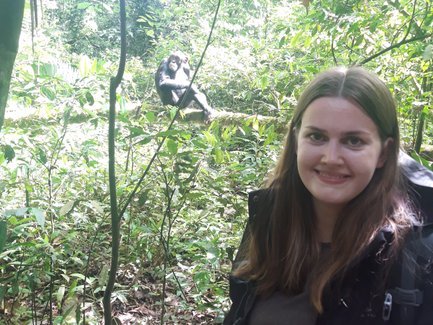 Eine Frau steht im Kibale Nationalpark, während ein Schimpanse im Hintergrund entspannt auf einem Ast sitzt.