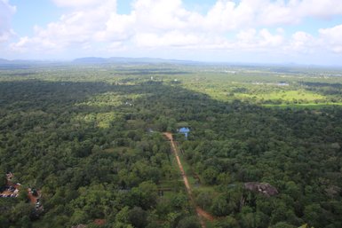 Vom Sigiriya-Felsen aus öffnet sich ein weiter Blick auf sattgrüne Wälder und Felder – Sri Lanka mit Kindern