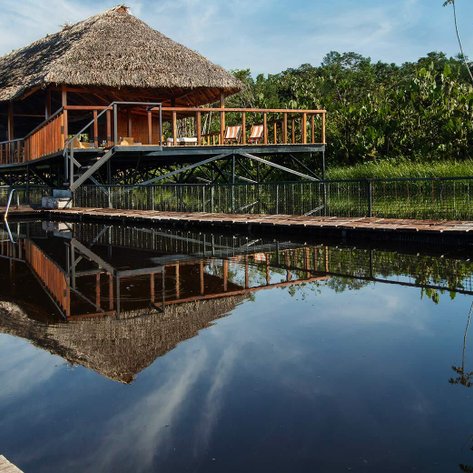Ein strohgedecktes Haus auf Stelzen spiegelt sich in einem ruhigen Pool, umgeben von üppiger grüner Vegetation.