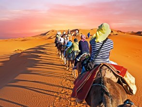 Karawane aus Kamelen und Reisenden zieht durch die Sanddünen der Sahara – Marokko Reise mit Kindern