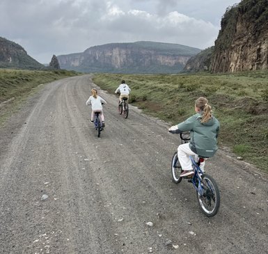 Eine Familie fährt mit Fahrrädern auf einem unbefestigten Weg durch eine grüne Landschaft unter einem bewölkten Himmel.