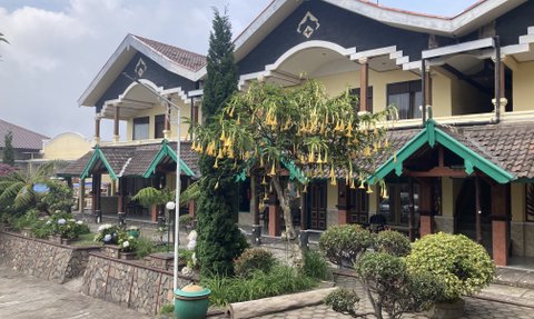 Ein malerisches Lodge-Gebäude mit bunten Dächern und üppiger Vegetation umgibt den einladenden Innenhof.