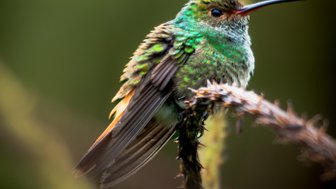 Ein farbenfroher Kolibri mit schimmerndem Gefieder sitzt auf einem dünnen Ast, umgeben von sanft verschwommenen Pflanzen.