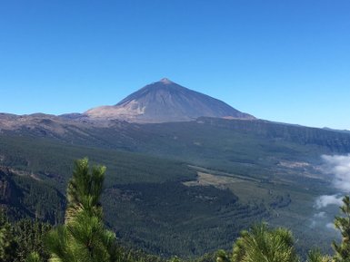 Der majestätische Teide erhebt sich über eine grüne Landschaft, umgeben von klarem, blauem Himmel und sanften Wolken.