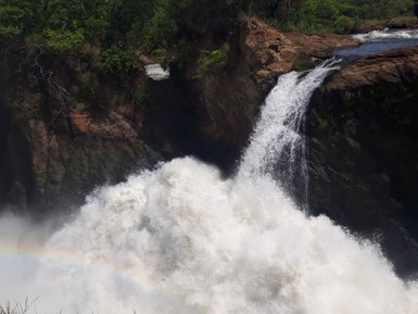 Ein beeindruckender Wasserfall stürzt mit kraftvollem Wasser in eine Schlucht, umgeben von üppigem Grün und strahlend blauem Himmel.