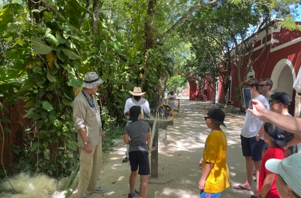 Kinder beobachten die Verarbeitung von Sisalfasern mit traditionellen Maschinen auf der Hacienda Sotuta de Peón – Mexiko Familienreise