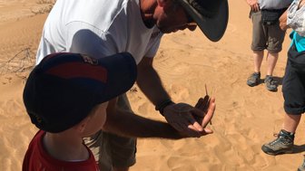 Ein Mann und ein Kind beobachten eine Echse - Namibia mit Jugendlichen