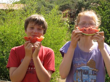 Zwei Kinder stehen vor einer grünen Kulisse und halten große Stücke Wassermelone vor ihren Gesichtern.