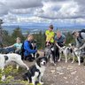 Eine Gruppe von Menschen posiert fröhlich mit mehreren Huskys auf einem Berg, umgeben von einer malerischen Landschaft.