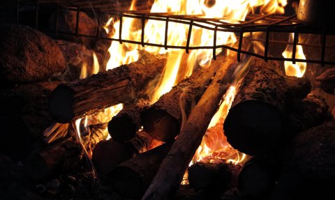 Ein loderndes Feuer, das Holzscheite umgibt, während Flammen in die Dunkelheit züngeln und eine warme Atmosphäre schaffen.