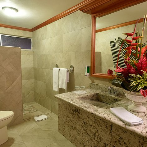 Ein modernes Badezimmer mit einer eleganten Granitwaschbecken und einem großen Spiegel, umgeben von hellen Fliesen.