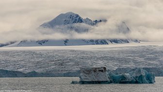 Ein majestätischer Gletscher erstreckt sich unter einem bewölkten Himmel, während Eisberge im ruhigen Wasser treiben.
