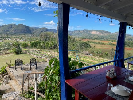 Ein Blick auf die malerische Landschaft von Viñales, mit sanften Hügeln und üppigen Feldern unter einem strahlend blauen Himmel.