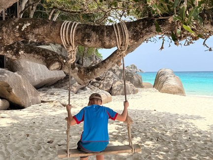 Ein Junge sitzt auf einer Holzschaukel, umgeben von einem malerischen Strand und sanften Wellen im Hintergrund.