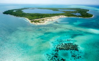 Eine atemberaubende Luftaufnahme einer tropischen Insel mit üppigem Grün und klarem, türkisfarbenem Wasser umgeben.