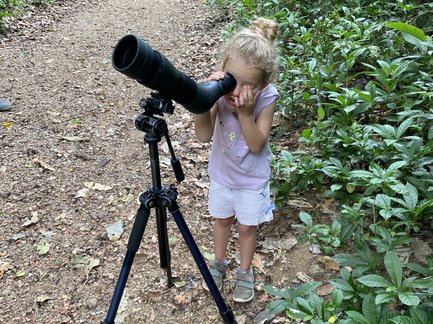 Mädchen beobachtet Tiere mit Fernglas im Carara-Nationalpark – Costa Rica Reise mit Kindern