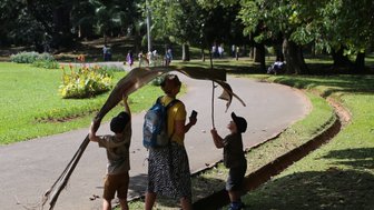 Mutter geht mit zwei Kindern durch den grünen Botanischen Garten in Peradeniya – Sri Lanka mit Kindern