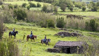 Drei Reiter auf Pferden erkunden eine grüne Wiese, während ein kleiner Steinhütten im Hintergrund sichtbar ist.