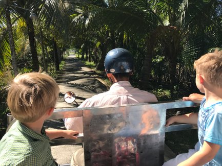 Zwei Kinder sitzen auf einem Fahrzeug und schauen auf einen Fahrer, während sie durch eine grüne, palmengesäumte Straße fahren.