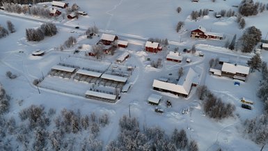 Eine winterliche Landschaft mit roten Holzhäusern, umgeben von schneebedeckten Bäumen und einem klaren Himmel.