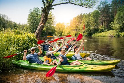Eine Gruppe sitzen in mehreren Kanus und strecken die Paddel in die Luft