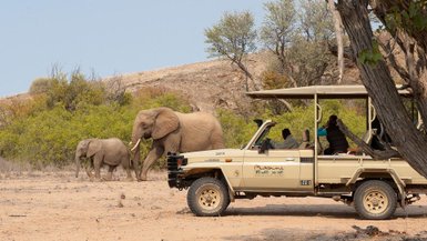 Ein Safarijeep steht direkt neben einem Elefanten - Namibia Urlaub mit Kindern