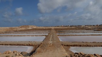 Weite Salinenlandschaft mit rechteckigen Becken, die mit Wasser gefüllt sind, unter einem bewölkten Himmel.