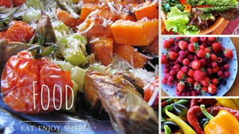 Ein bunter Teller mit gebratenem Gemüse, darunter Kürbis und Tomaten, garniert mit Käse und frischen Kräutern.